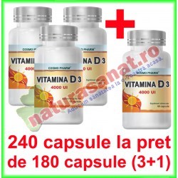 Vitamina D3 4000 UI PROMOTIE 240 capsule la pret de 180 capsule (3+1) - Cosmo Pharm - www.naturasanat.ro